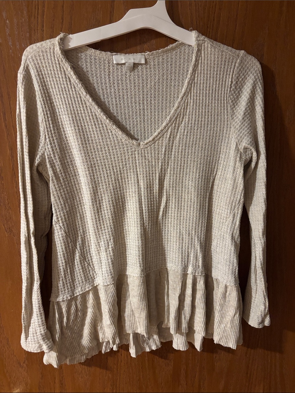 Anthropologie Cream Waffle Knit V-Neck Ruffle Hem Top